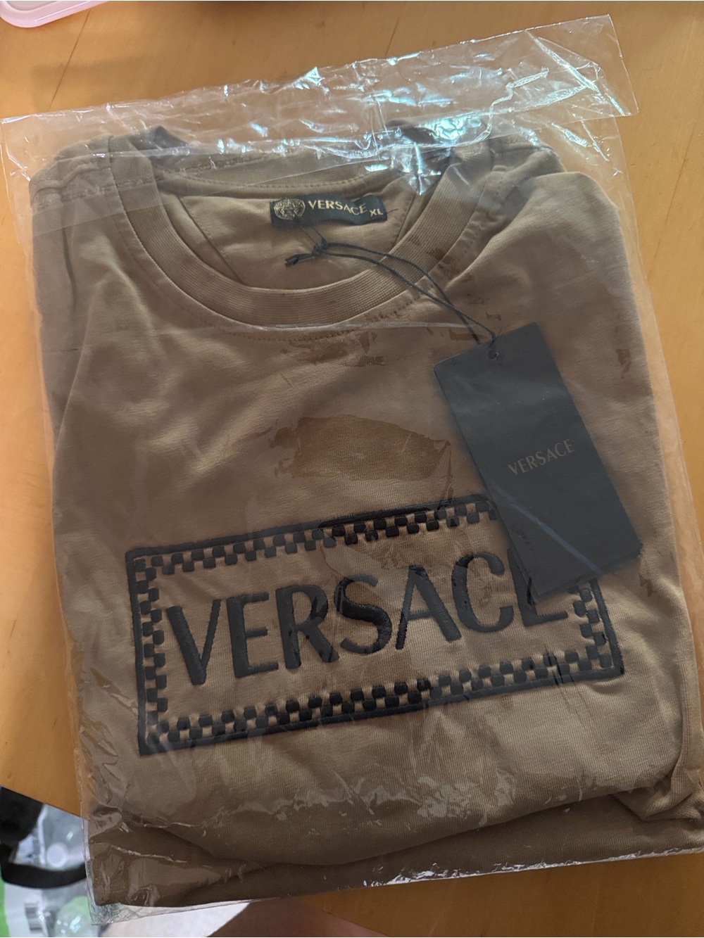 Versace Men's Tan Crew Neck Logo Tee with Black Embroidery - Picture 3 of 4